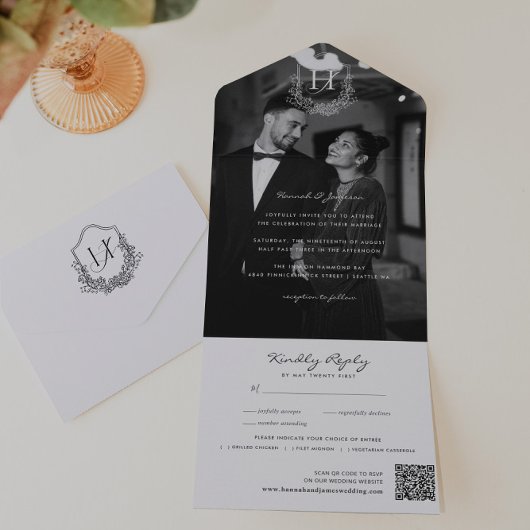 Floraal Monogram Huwelijksfoto QR-code All In One Uitnodiging