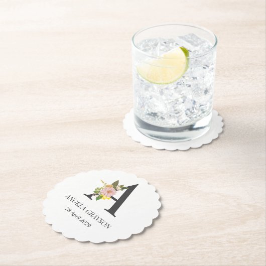 Floraal Monogram Letter A Aangepaste Naam en Datum Kartonnen Onderzetters (Insitu)