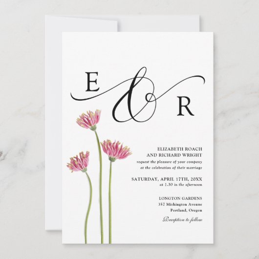 Floraal Monogram QR Code Zwart-Wit Bruiloft Kaart (Voorkant)