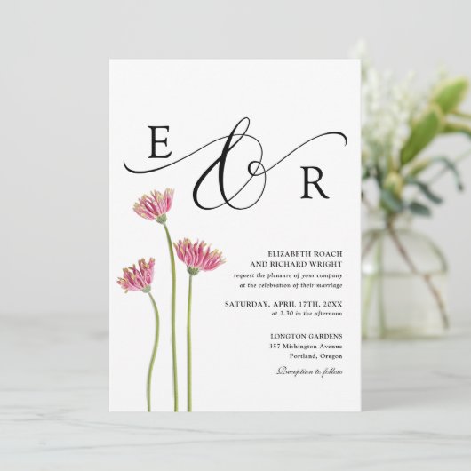 Floraal Monogram QR Code Zwart-Wit Bruiloft Kaart (Staand voorkant)