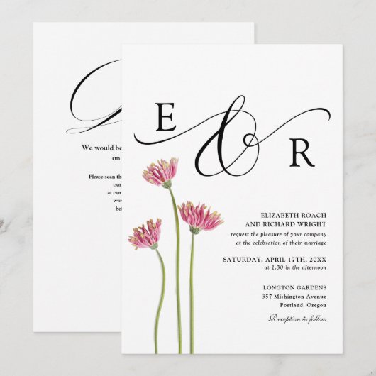 Floraal Monogram QR Code Zwart-Wit Bruiloft Kaart (Voorkant / Achterkant)
