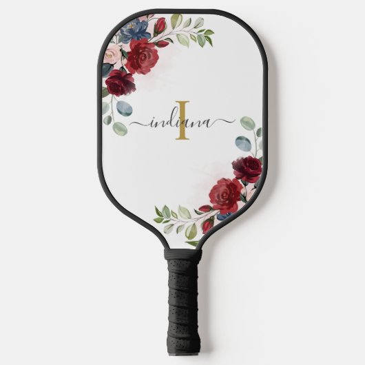 Floraal Monogram Script Initiaal Naam Burgundy Pickleball Paddle (Voorkant)