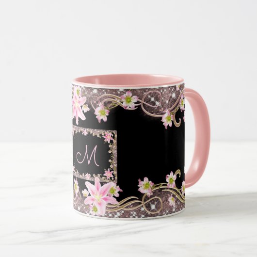 Floraal Monogram Zwart Mok (Voorkant rechts)