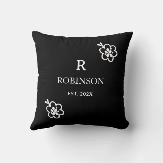 Floraal Monogram Zwart & Wit Aangepaste Initiaal Kussen (Achterkant)