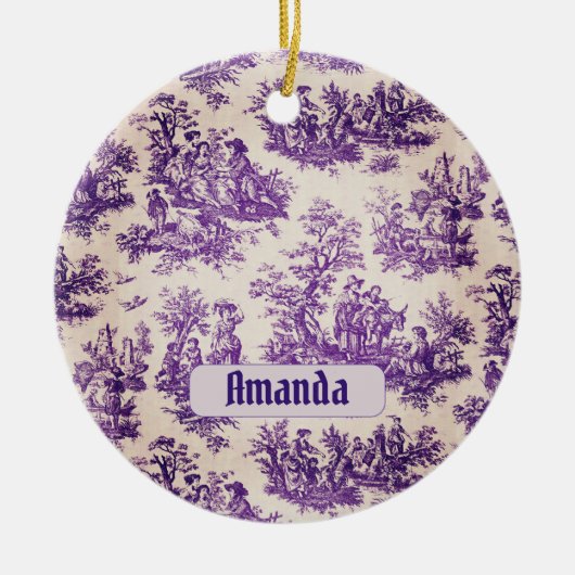  floraal paarse toile de jouy monogram keramisch ornament (Voorkant)