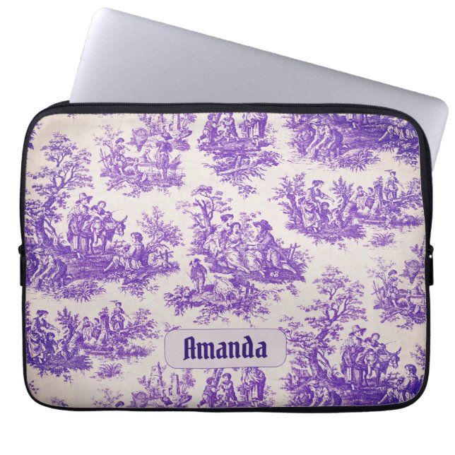  floraal paarse toile de jouy monogram laptop sleeve (Voorkant)