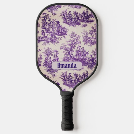  floraal paarse toile de jouy monogram pickleball paddle (Voorkant)