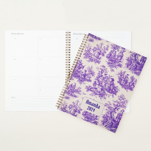  floraal paarse toile de jouy monogram planner (Display)