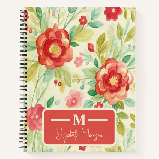 floraal rood groen waterverf monogram notitieboek (Voorkant)