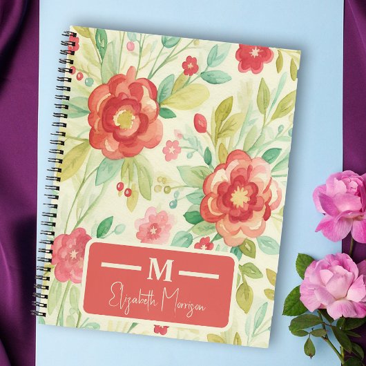  floraal rood groen waterverf monogram notitieboek