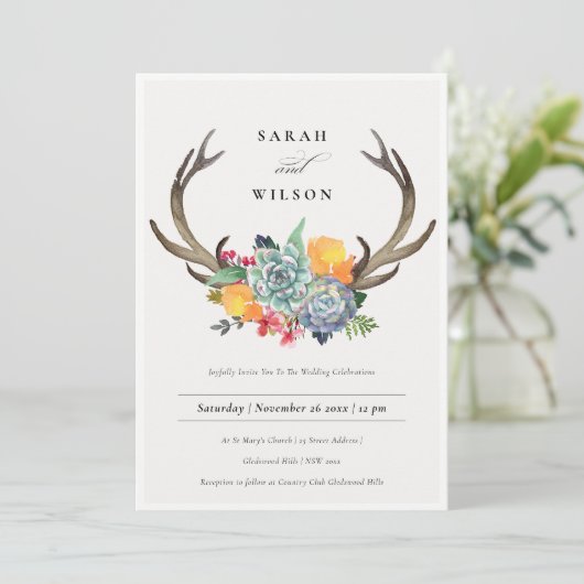 FLORAAL SUCCULENT ANTLER BOHEMIAN ALLURE WEDING KAART (Staand voorkant)