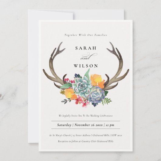 FLORAAL SUCCULENT ANTLER BOHEMIAN ALLURE WEDING KAART (Voorkant)