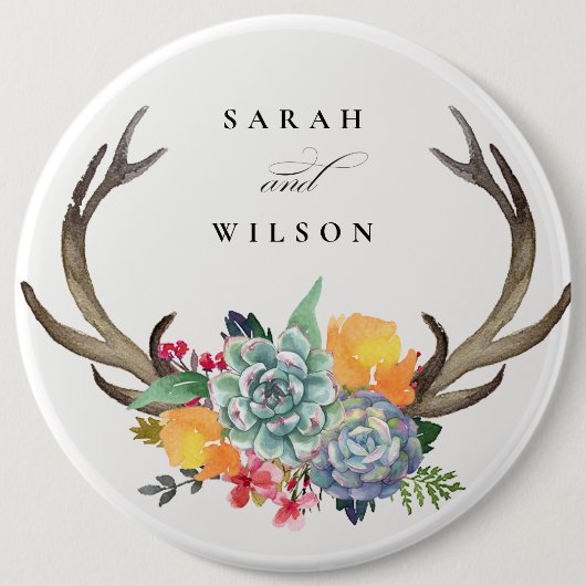 FLORAAL SUCCULENT ANTLER BOHEMIAN ALLURE WEDING RONDE BUTTON 6,0 CM (Voorkant)