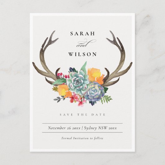 FLORAAL SUCCULENT ANTLER BOHEMIAN BEWAREN DE DATUM AANKONDIGINGSKAART (Voorkant)