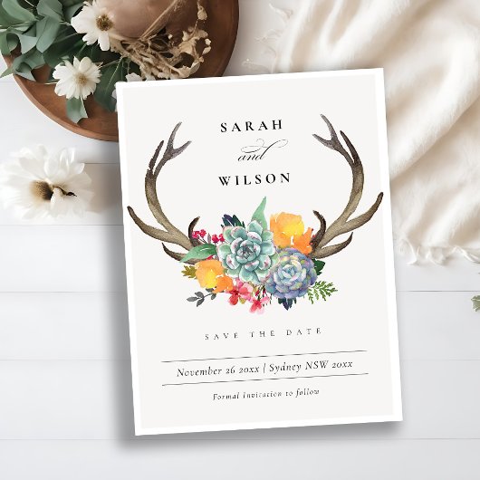 FLORAAL SUCCULENT ANTLER BOHEMIAN BEWAREN DE DATUM AANKONDIGINGSKAART