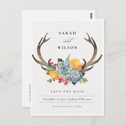 FLORAAL SUCCULENT ANTLER BOHEMIAN BEWAREN DE DATUM BRIEFKAART (Voorkant / Achterkant)