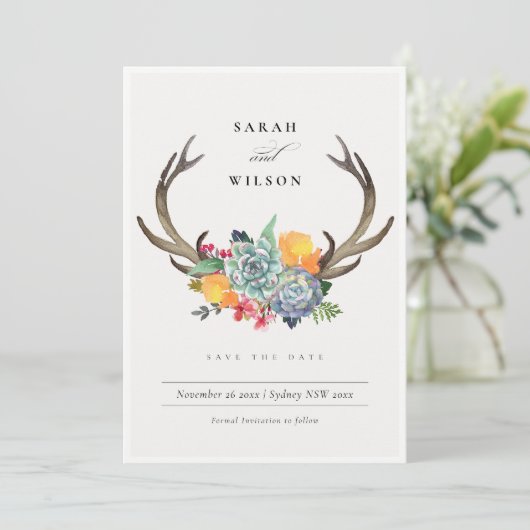 FLORAAL SUCCULENT ANTLER BOHEMIAN BEWAREN DE DATUM SAVE THE DATE (Staand voorkant)