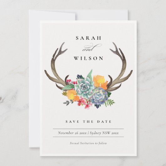 FLORAAL SUCCULENT ANTLER BOHEMIAN BEWAREN DE DATUM SAVE THE DATE (Voorkant)
