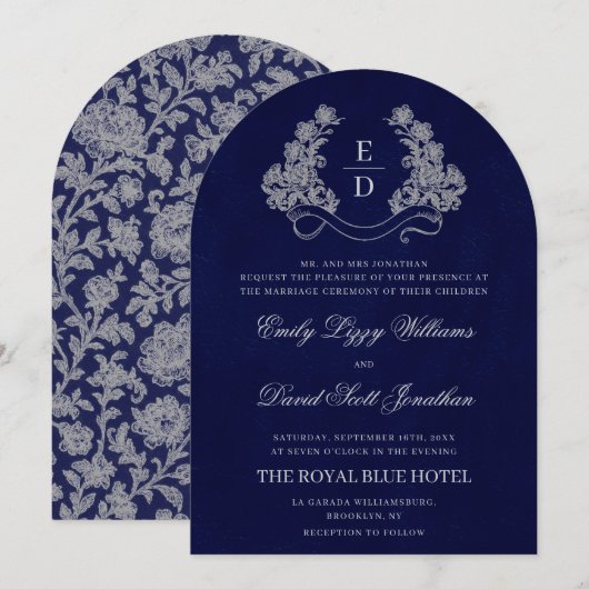 Floraal Wapen Monogram Navy Erfgoed Bruiloft Kaart (Voorkant / Achterkant)