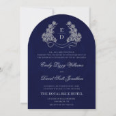 Floraal Wapen Monogram Navy Erfgoed Bruiloft Kaart (Voorkant)