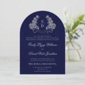 Floraal Wapen Monogram Navy Erfgoed Bruiloft Kaart (Staand voorkant)