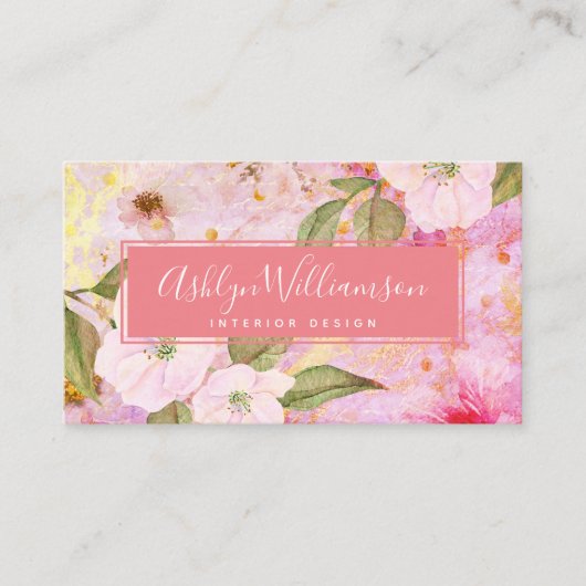 floraal waterverf script, perzik roze goud visitekaartje (Voorkant)