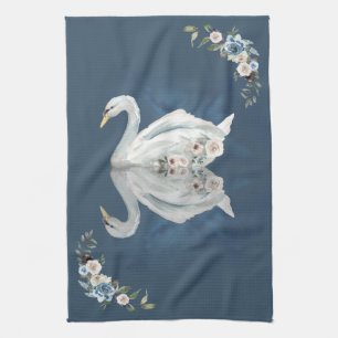 Floraal Zwaan Blauwe Weergave Theedoek