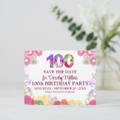 Floral 100e verjaardag Save the Date, Elegant 100 Briefkaart (Staand voorkant)