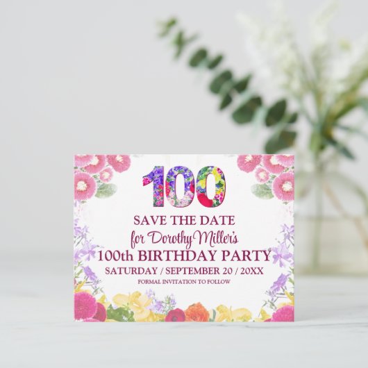 Floral 100e verjaardag Save the Date, Elegant 100 Briefkaart (Staand voorkant)