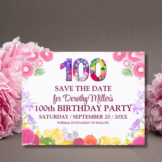 Floral 100e verjaardag Save the Date, Elegant 100 Briefkaart