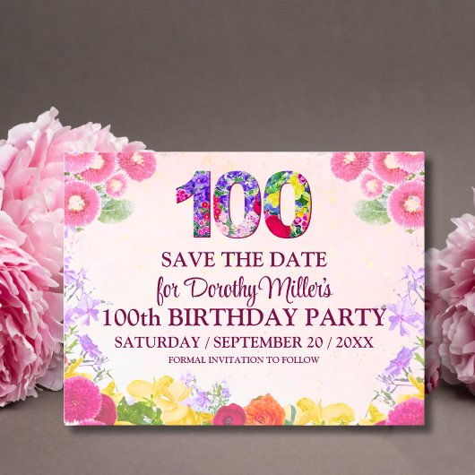 Floral 100e verjaardag Save the date, pastel 100 Briefkaart