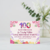 Floral 100e verjaardag Save the date, pastel 100 Briefkaart (Staand voorkant)