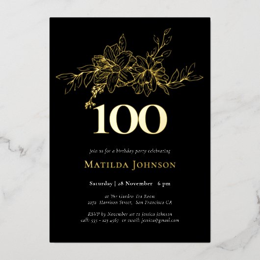 Floral 100ste verjaardag Gold Foil Uitnodiging (Voorkant)