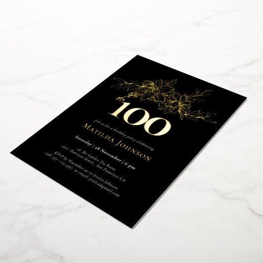 Floral 100ste verjaardag Gold Foil Uitnodiging (Gedraaid)