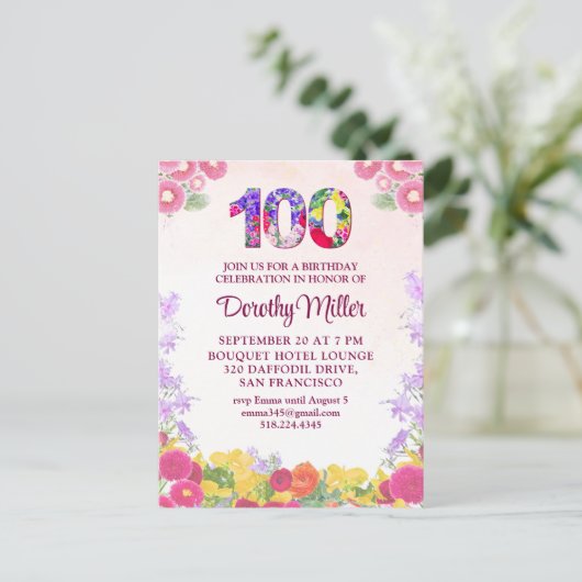 Floral 100ste verjaardag uitnodiging - Elegant 100 (Staand voorkant)