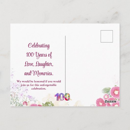 Floral 100ste verjaardag uitnodiging - Elegant 100 (Achterkant)