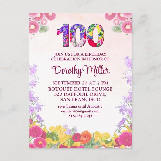 Floral 100ste verjaardag uitnodiging - Elegant 100 (Voorkant)