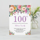 Floral 100ste Verjaardag Uitnodiging Paarse (Staand voorkant)