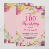 Floral 100ste verjaardag Uitnodiging voor Vrouwen  (Voorkant / Achterkant)