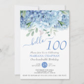 Floral 100th Birthday Blue Hydrangeas Waterverf Kaart (Voorkant)
