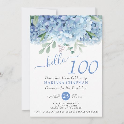Floral 100th Birthday Blue Hydrangeas Waterverf Kaart (Voorkant)