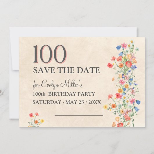 Floral 100th Birthday – Elegant Wildflowers Save The Date (Voorkant)