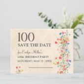 Floral 100th Birthday – Elegant Wildflowers Save The Date (Staand voorkant)
