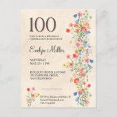 Floral 100th Birthday – Elegant Wildflowers Uitnodiging Briefkaart (Voorkant)