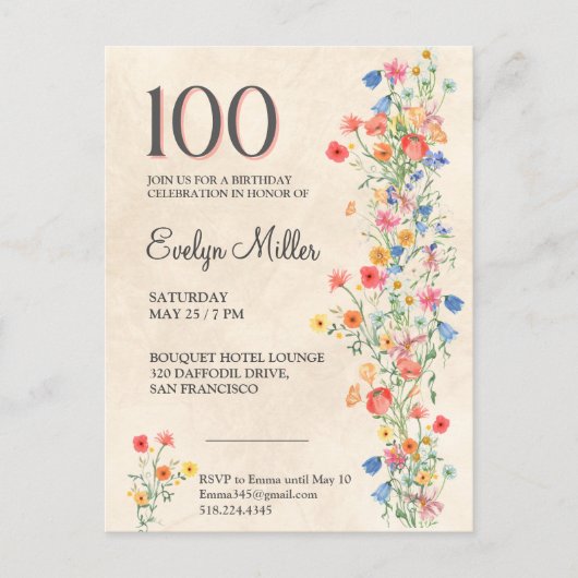 Floral 100th Birthday – Elegant Wildflowers Uitnodiging Briefkaart (Voorkant)