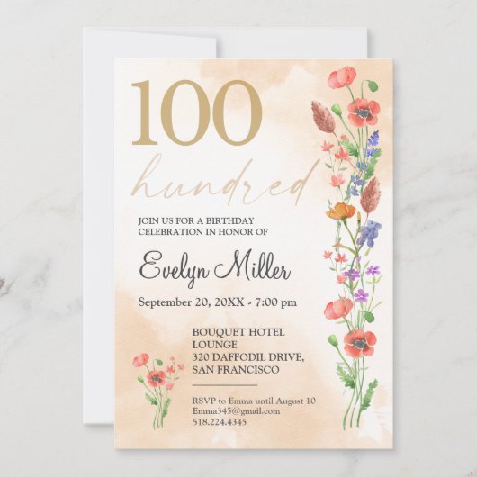 Floral 100th Birthday – Golden Wildflowers Design Kaart (Voorkant)