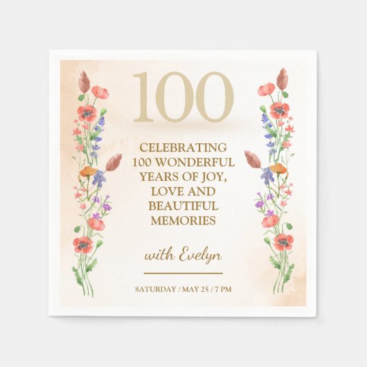 Floral 100th Birthday – Golden Wildflowers Design Servet (Voorkant)