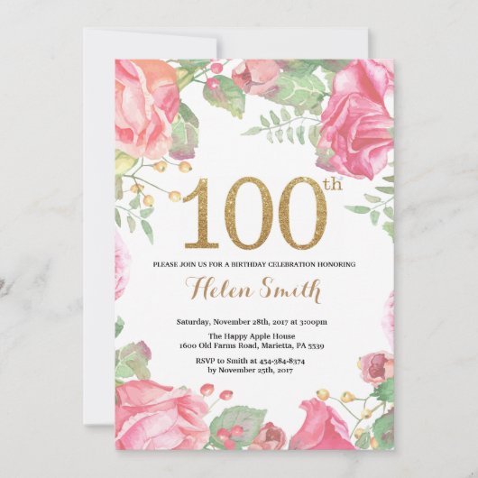 Floral 100th Birthday Invitation Gold Glitter Kaart (Voorkant)