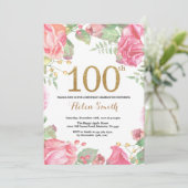 Floral 100th Birthday Invitation Gold Glitter Kaart (Staand voorkant)