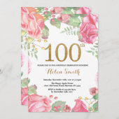 Floral 100th Birthday Invitation Gold Glitter Kaart (Voorkant / Achterkant)